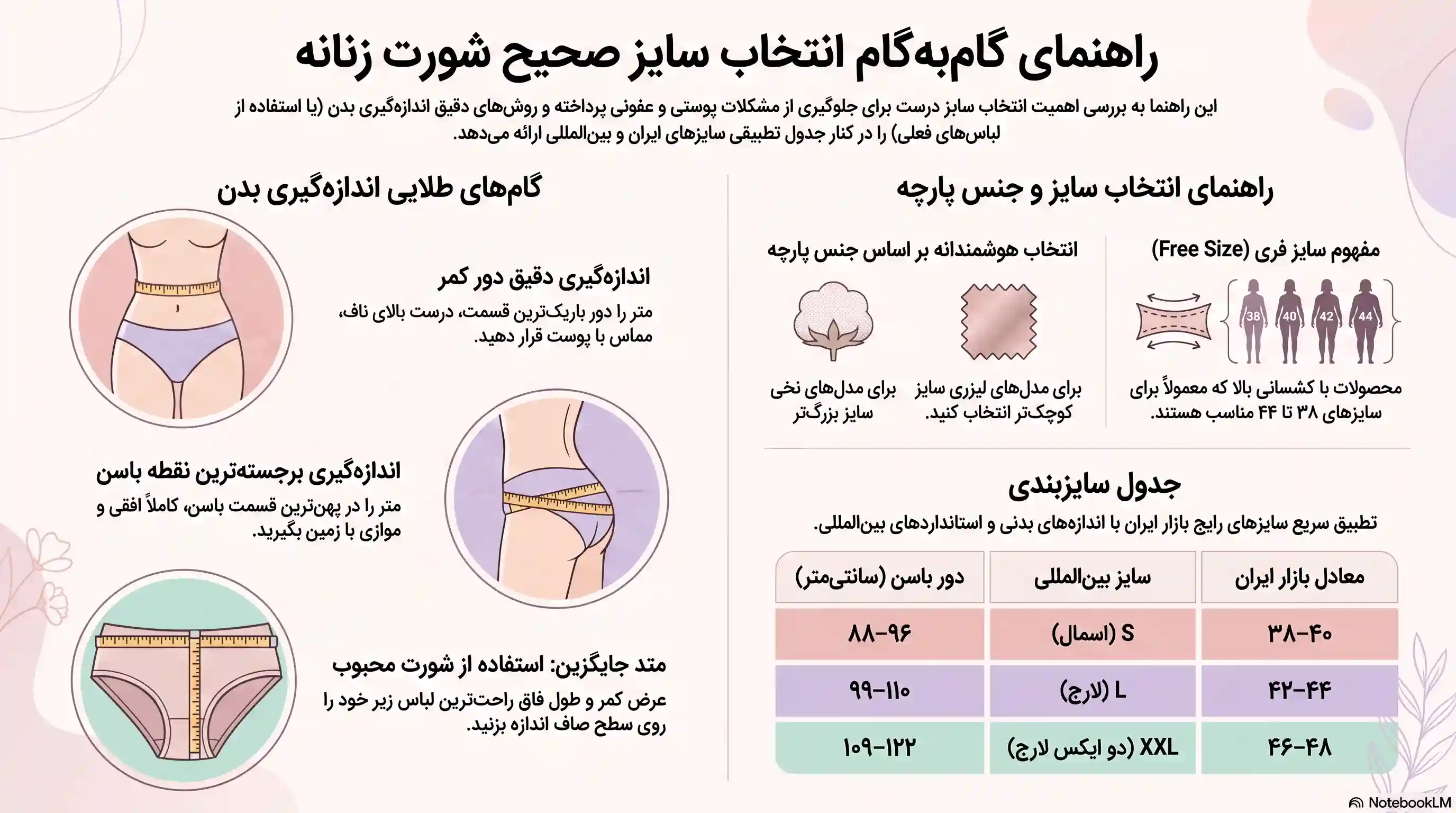 اینفوگرافیک نحوه محاسبه سایز شورت زنانه و محل دقیق اندازهگیری دور کمر و دور باسن با متر خیاطی