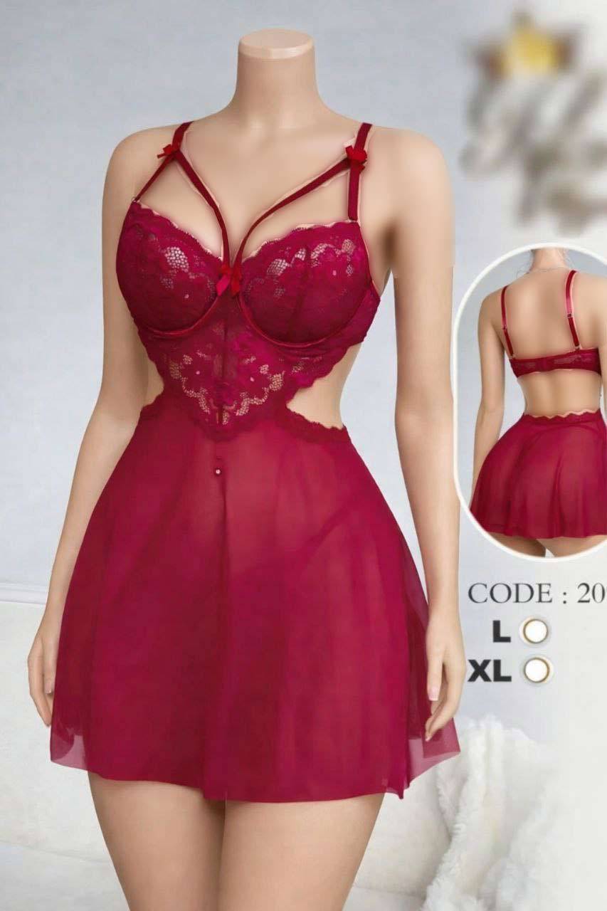 لباس خواب زرشکی فنردار تور و گیپور بغل باز هارنسی کد 2094