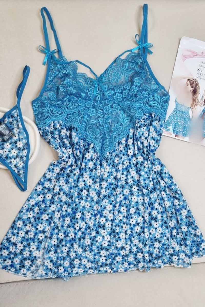 لباس خواب گیپوری سایز بزرگ آبی طرح گل بابونه با پارچه یاردی اروپایی کد 100347