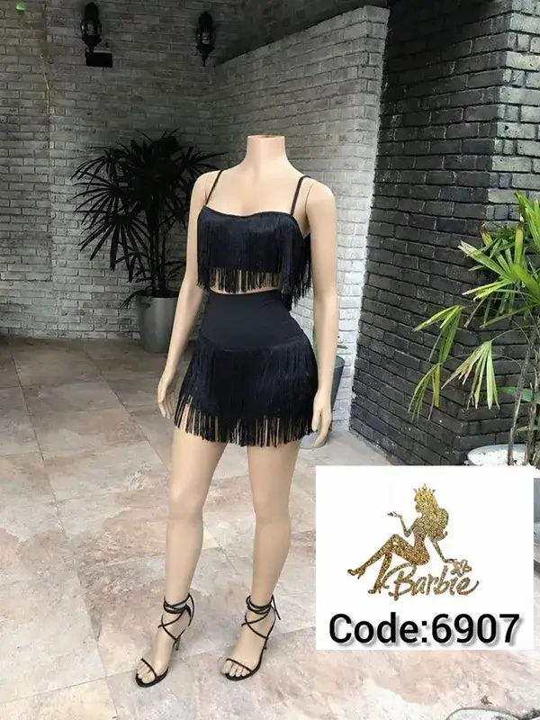 ست کراپ و دامن ریش‌دار بندی زنانه مشکی کد 6907