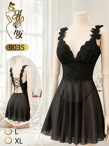 لباس خواب زنانه مشکی گیپور و تور هارنی مدل 9035