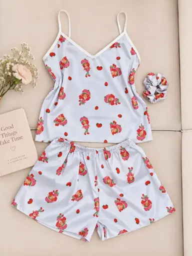 ست تاپ و شورتک ساتن طرح  دختر توت فرنگی کد 3002