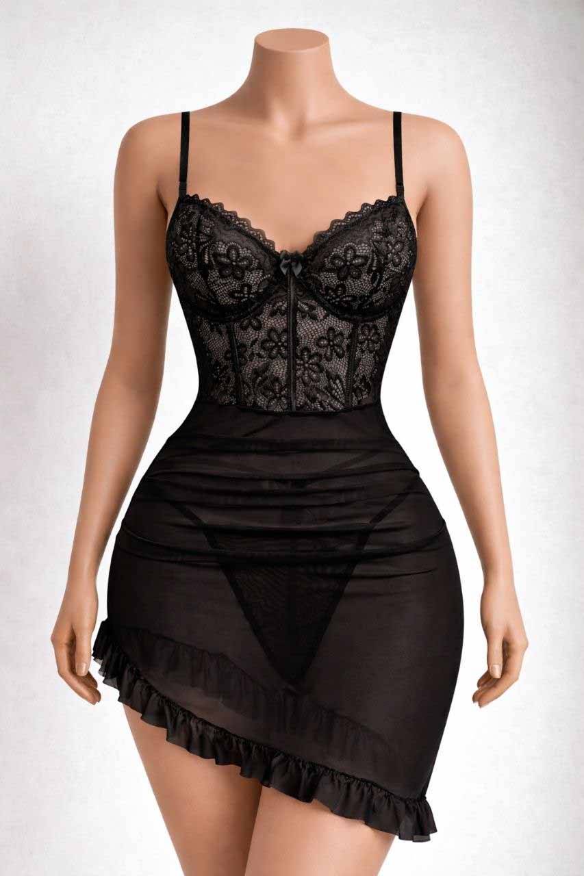 لباس خواب زنانه فنردار تور و دانتل کد 3187 رنگ مشکی