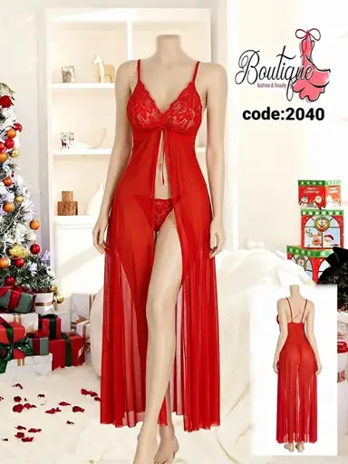 لباس خواب بلند حریر و گیپور زنانه کد 2040