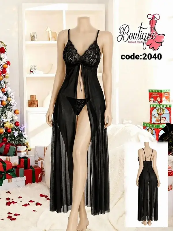 لباس خواب بلند حریر و گیپور زنانه کد 2040