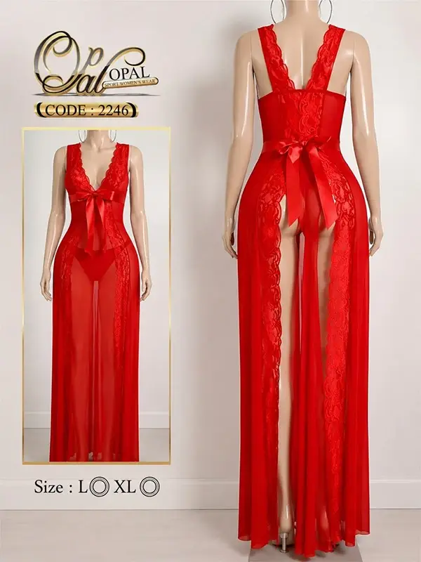 لباس خواب بلند زنانه حریر و گیپور مشکی و قرمز مدل پاپیون دار کد 2246