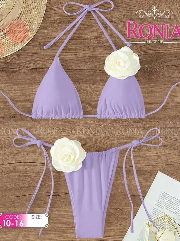 مایو بیکینی گره‌ای دو تکه گل‌دار زنانه رنگ یاسی کد 1016