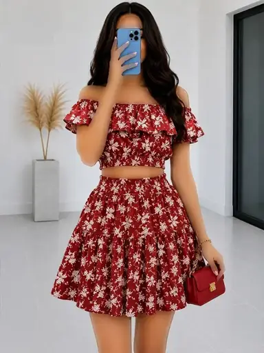 ست عروسکی پینترستی زنانه کرپ حریر اف شولدر رنگ قرمز مدل R0125