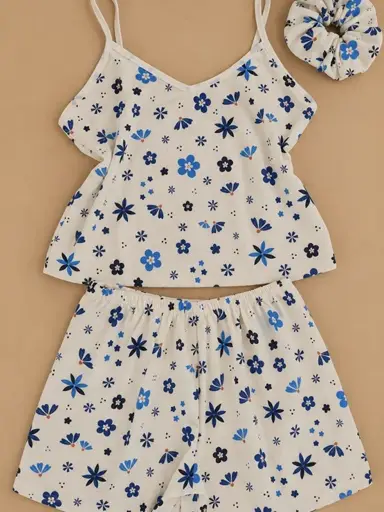 ست تاپ و شورتک کبریتی طرح گل کد T209  