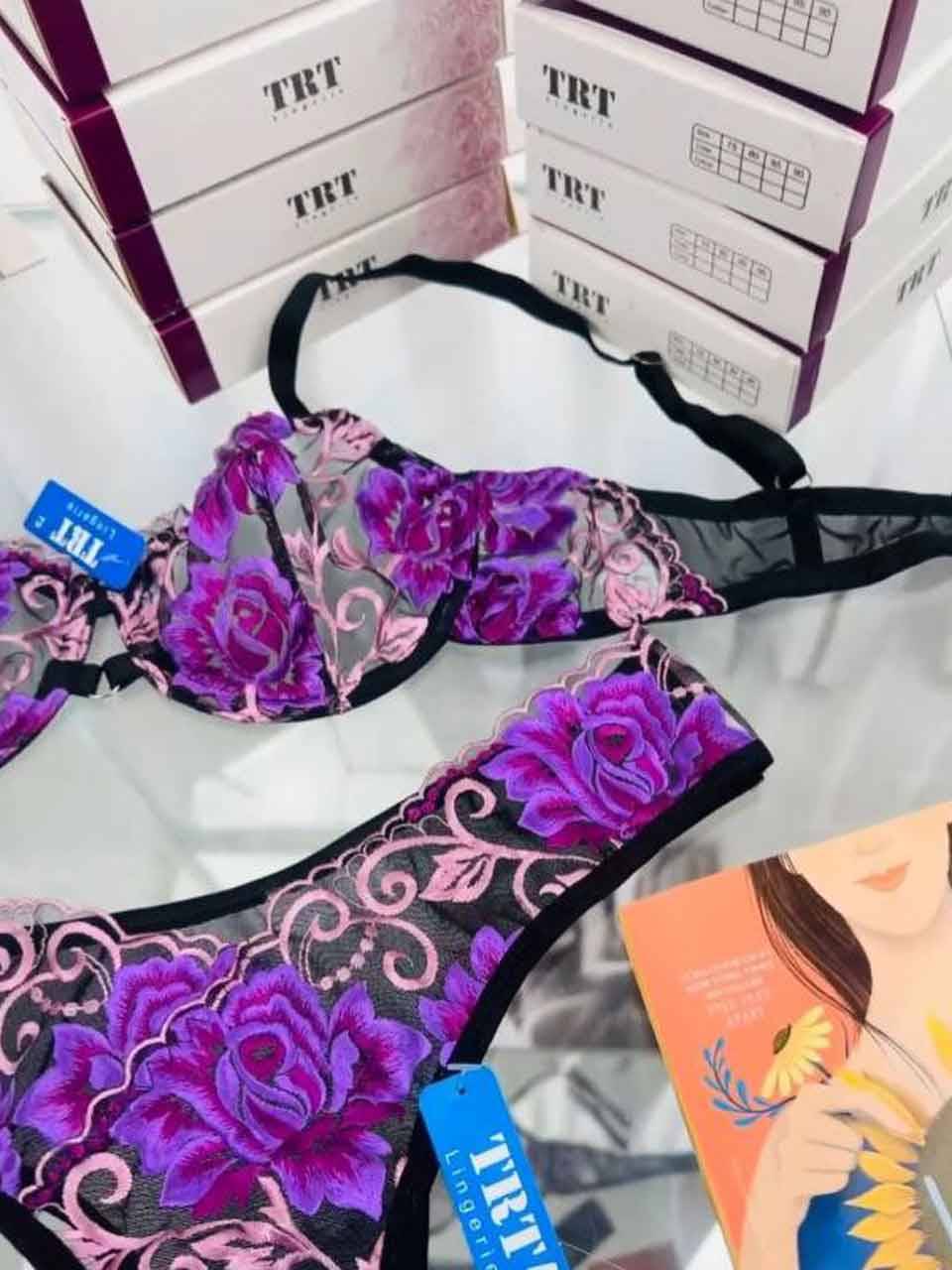 ست شورت و سوتین توری گیپوری بنفش TRT کد 135 
