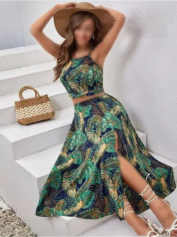 ست تاپ و دامن زنانه سبز طرح برگ استوایی کد R040