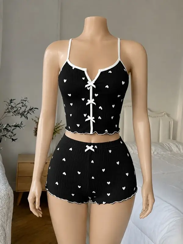 ست لباس راحتی تاپ شورتک کبریتی مشکی طرح قلبی کد 4804