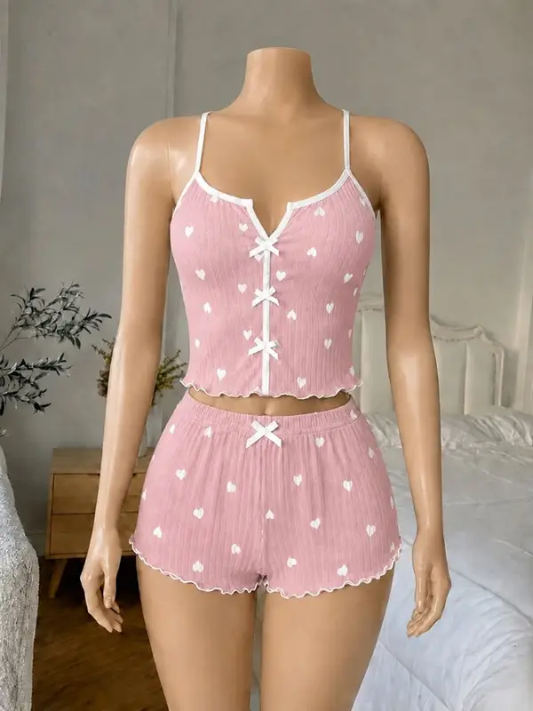 ست لباس راحتی تاپ شورتک ساتن قلبی رنگ صورتی سفید کد 4804 
