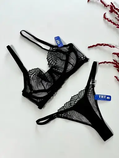 ست شورت و سوتین زنانه توری مشکی گلدوزی شده برند TRT کد 101675