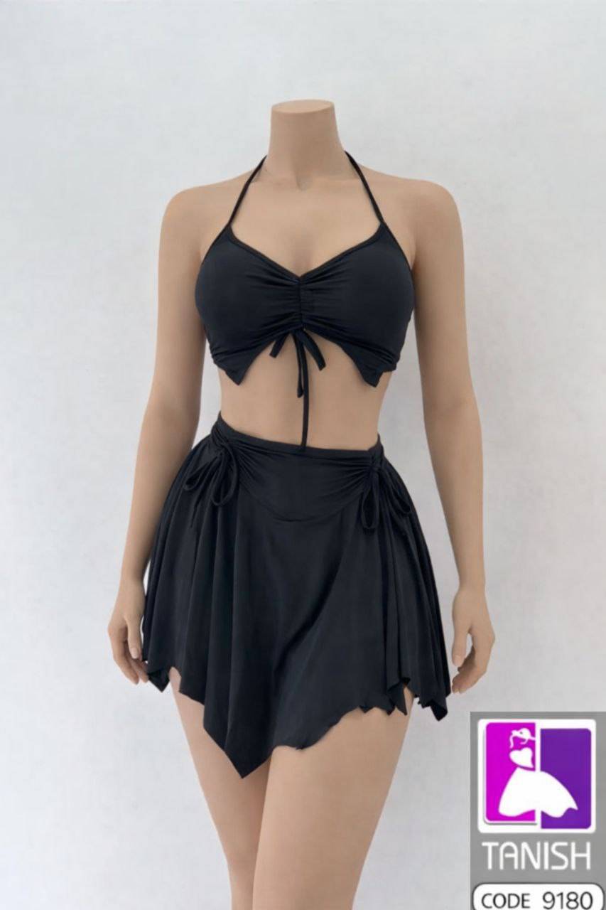 ست کراپ و دامن گت‌دار زنانه ساتن کریستال، مناسب لباس خواب و استایل خانگی