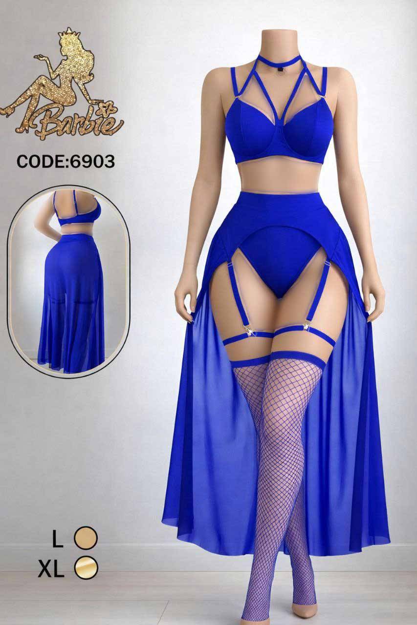 لباس خواب زنانه چهار تیکه توری شاینی فنردار کد 6903