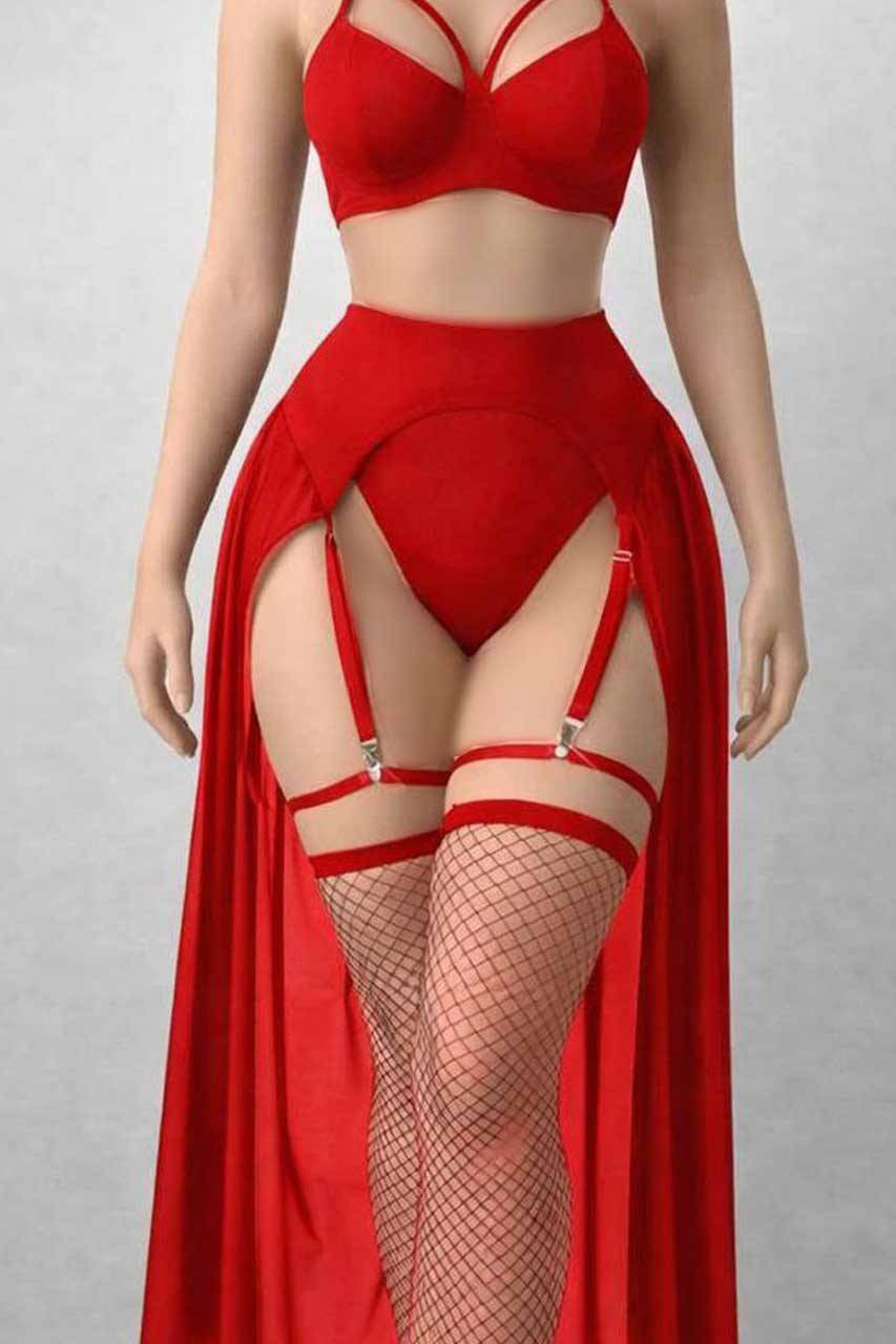 لباس خواب زنانه چهار تیکه توری شاینی فنردار کد 6903 رنگ قرمز